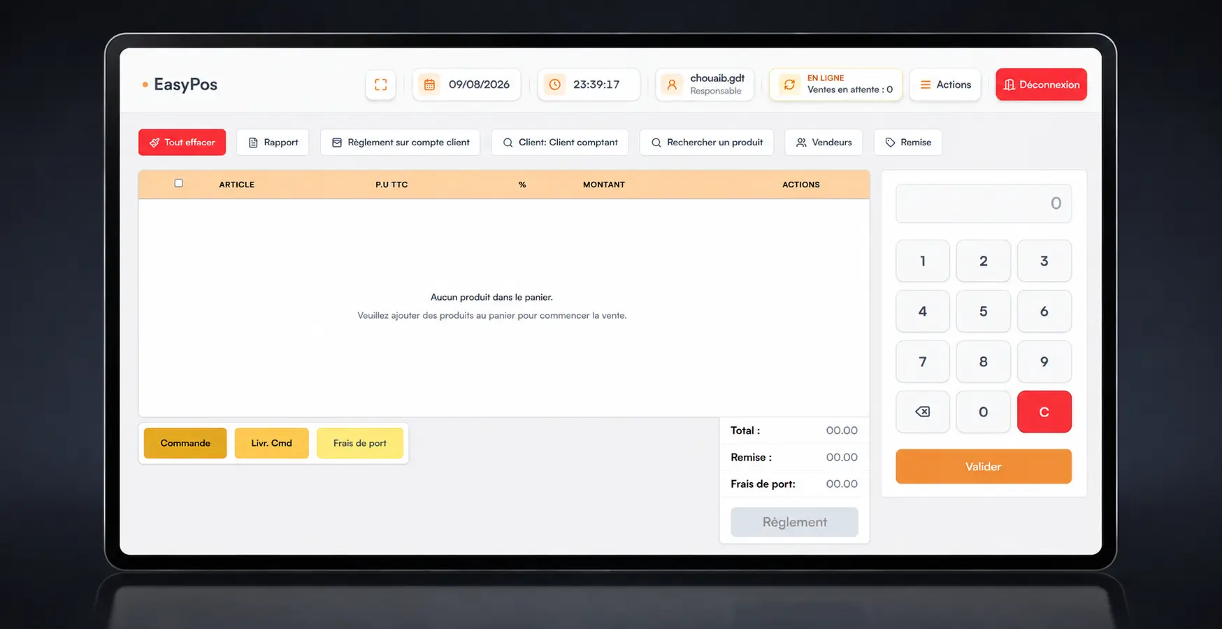 Interface de caisse EasyPos avec panier, pavé numérique et moyens de paiement