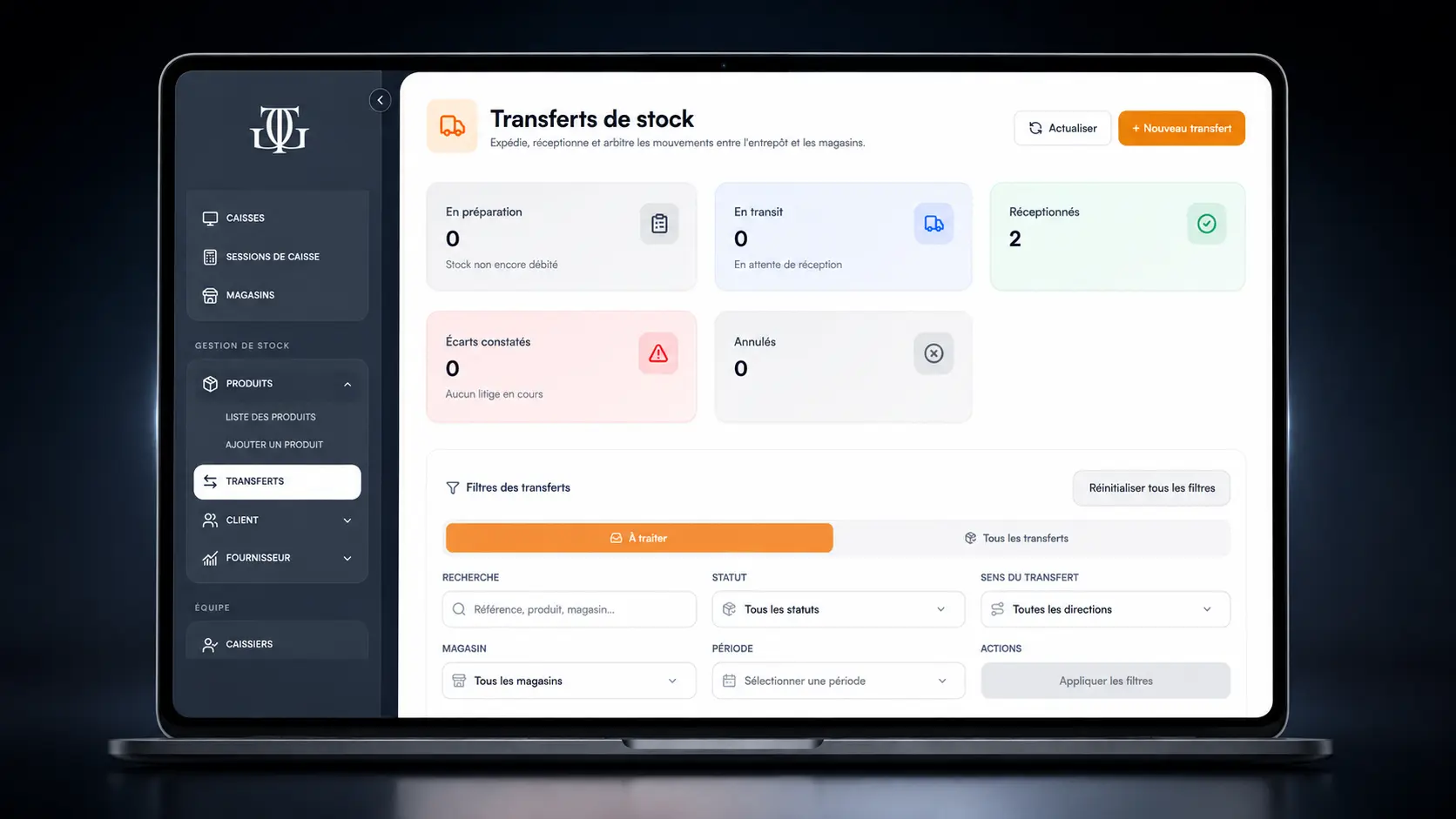 Interface de suivi des transferts de stock entre entrepôt et magasins