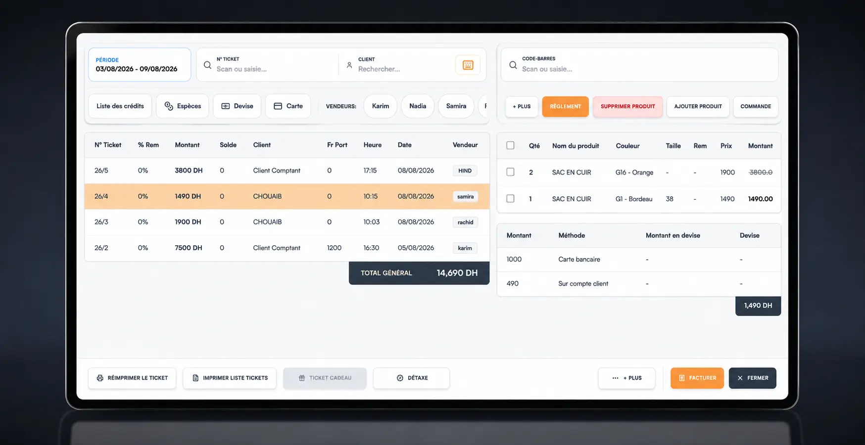 Historique des ventes et détail d’une transaction avec ses articles et paiements