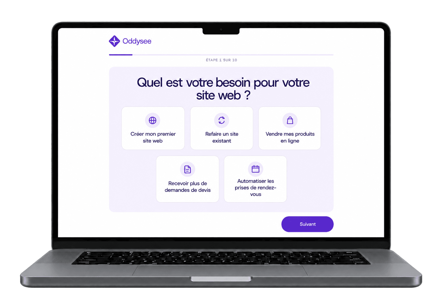 Ordinateur Oddysee affichant le choix d'un objectif : clients, prospects, ventes, devis ou rendez-vous